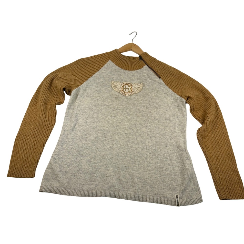 Harley Davidson Womens Raglan Sweater Mock Neck Side Zip Grey Gold Metallic L